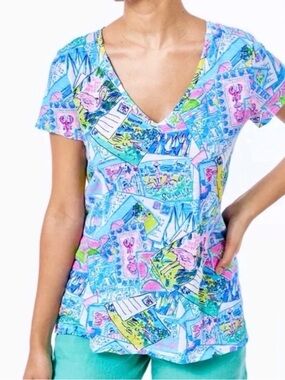 Lilly Pulitzer V-Neck Short Sleeve Top in Blue, Pink, Green